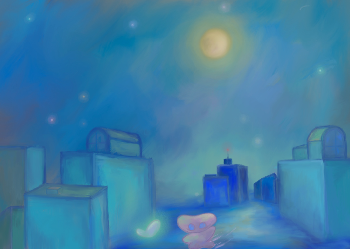  digital artwork of blue city with creature running through and it is all glowing and exciting